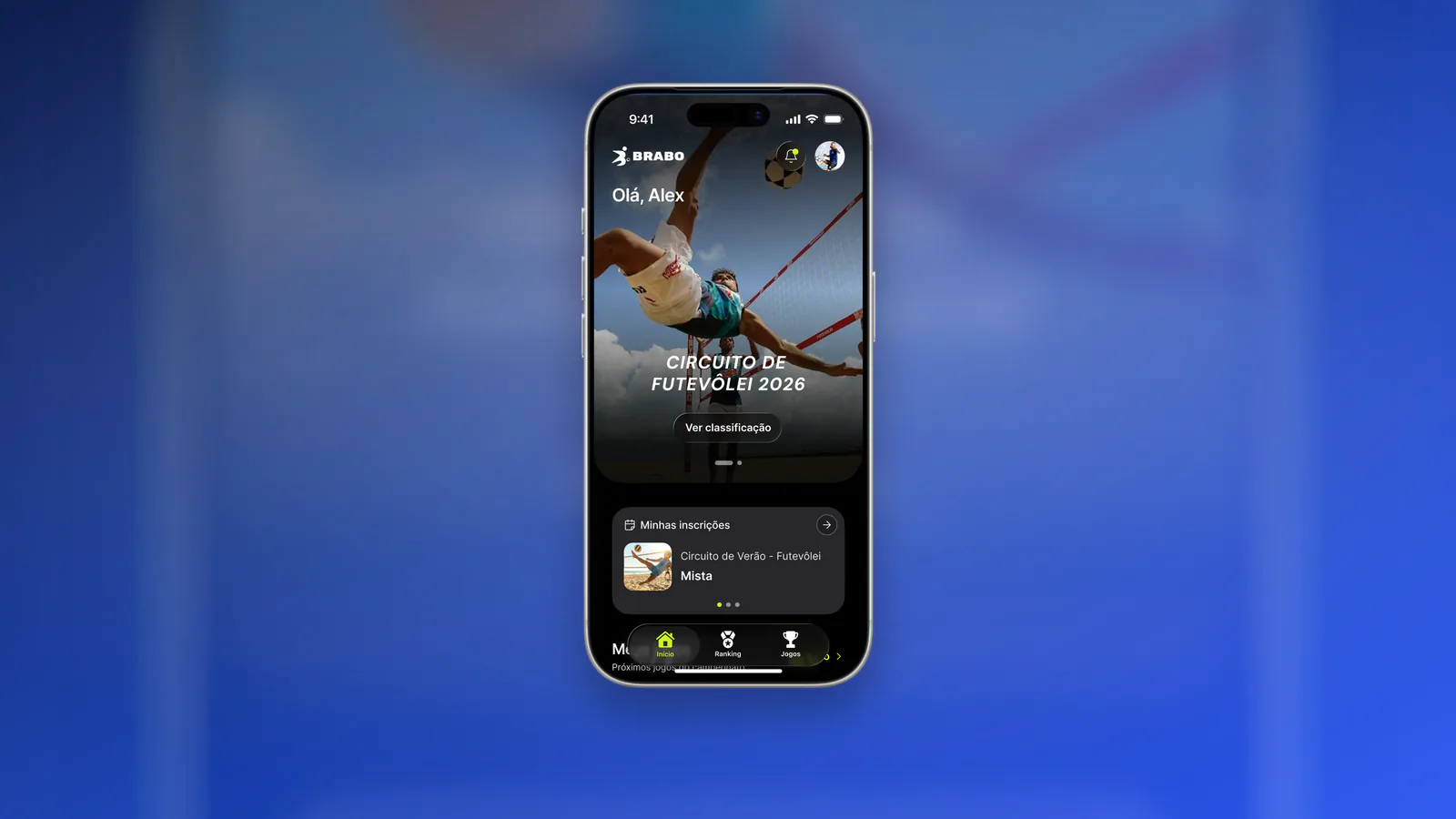 Tela inicial do app oficial com área de inscrições da comunidade e evento em destaque.
