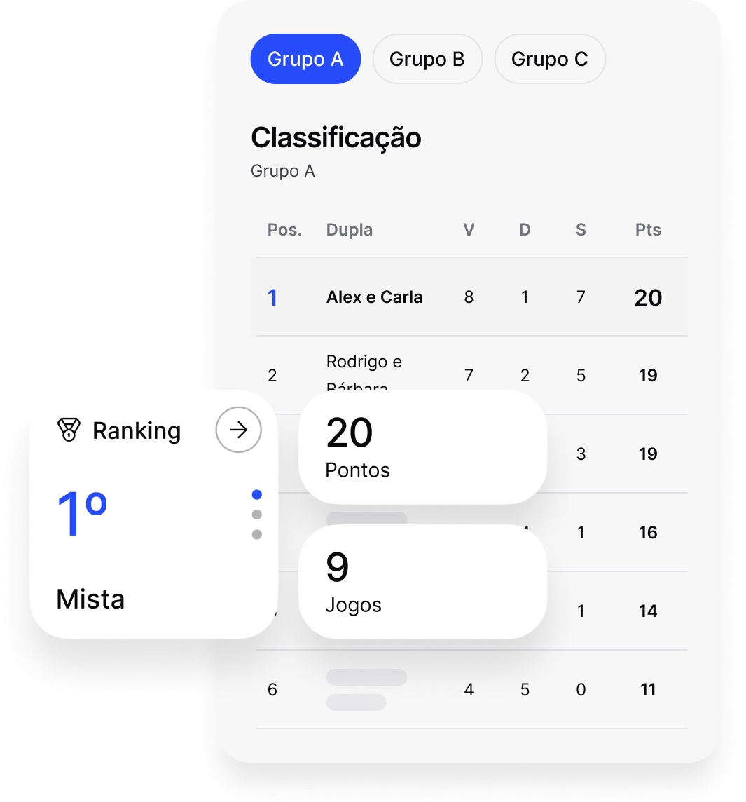 Tela do app oficial com classificação do grupo, posição no ranking, pontos e jogos.