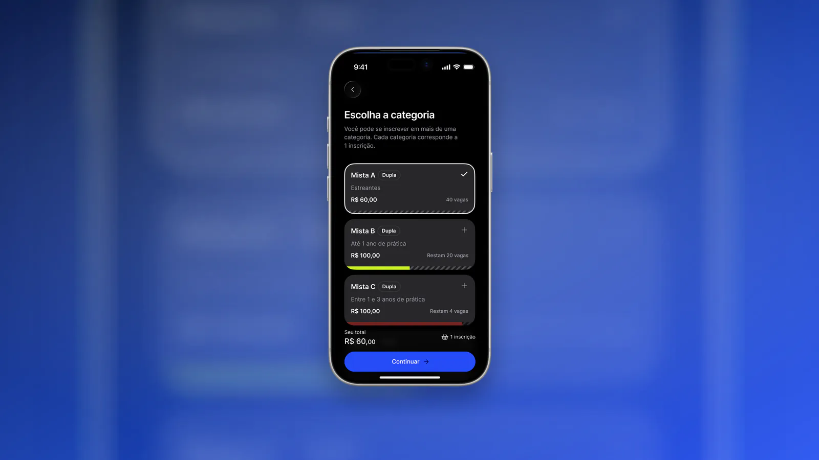 Tela de inscrição do app oficial mostra categorias, preços e vagas disponíveis.