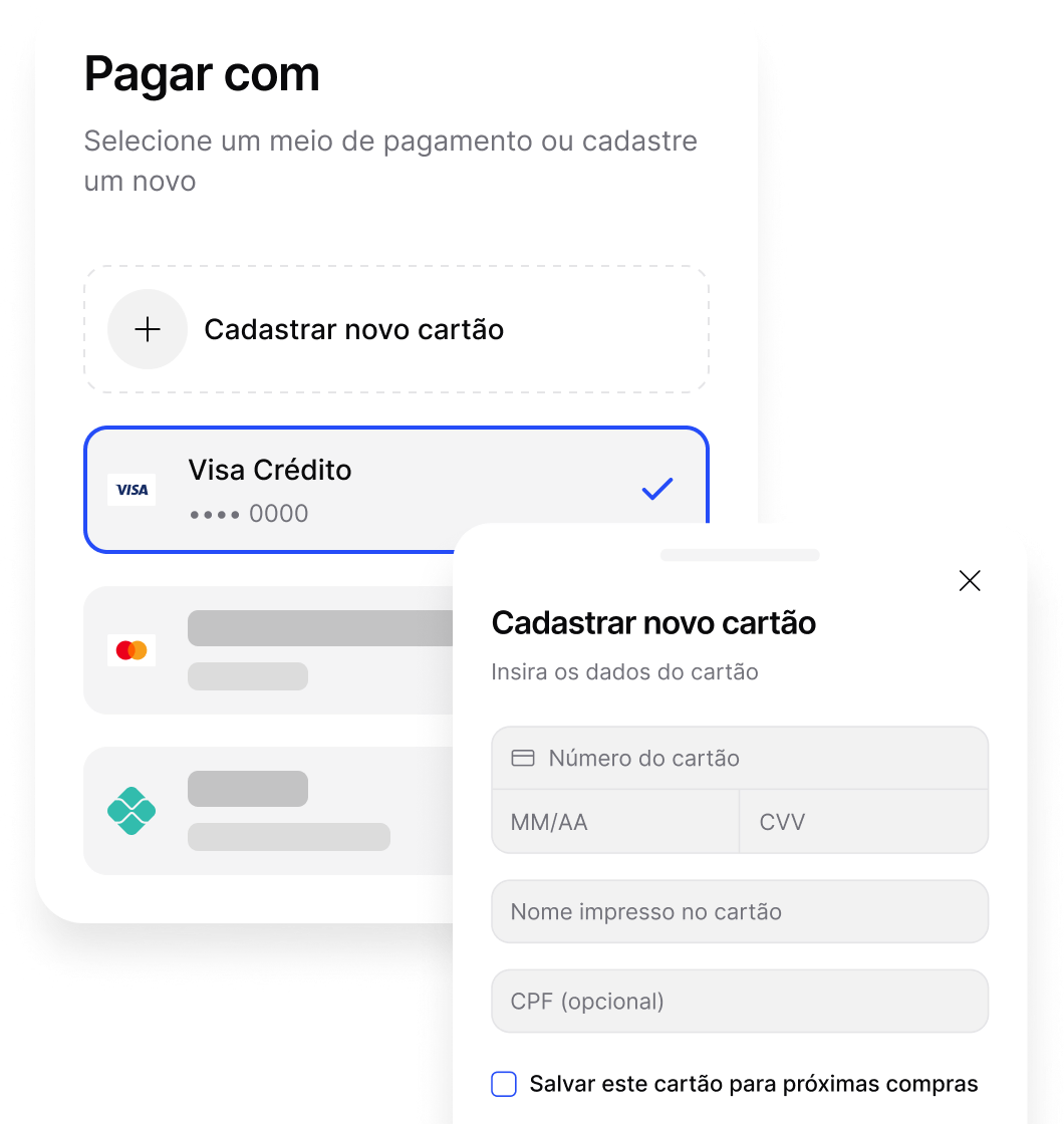 Tela de pagamento do app oficial com cartão cadastrado, Pix e cadastro de novo cartão.