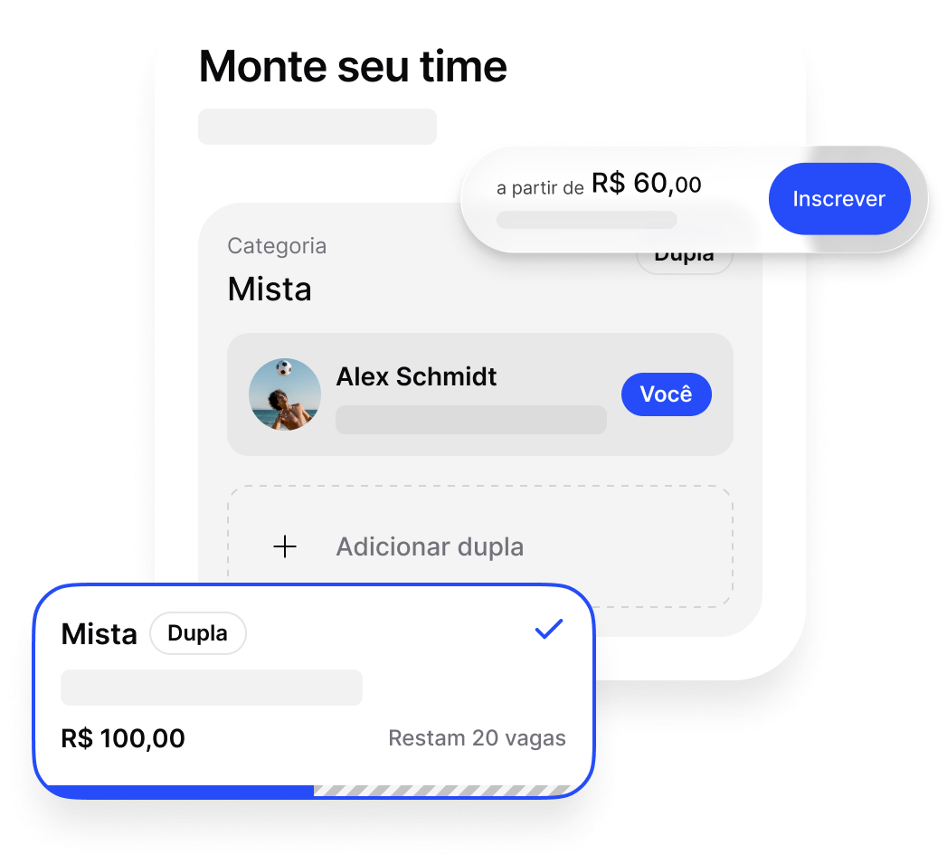 Tela de inscrição do app oficial com categoria, valor, vagas e opção de adicionar a dupla.