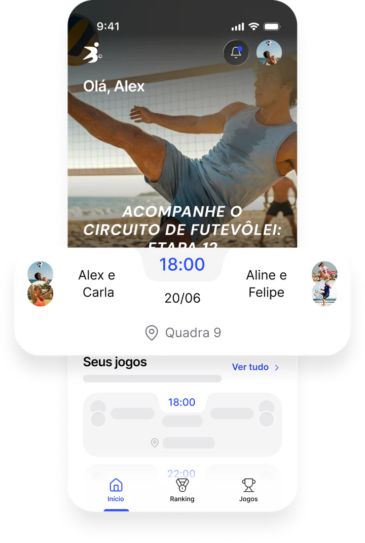 Tela do app oficial com horário, data, quadra e duplas de uma partida de futevôlei.