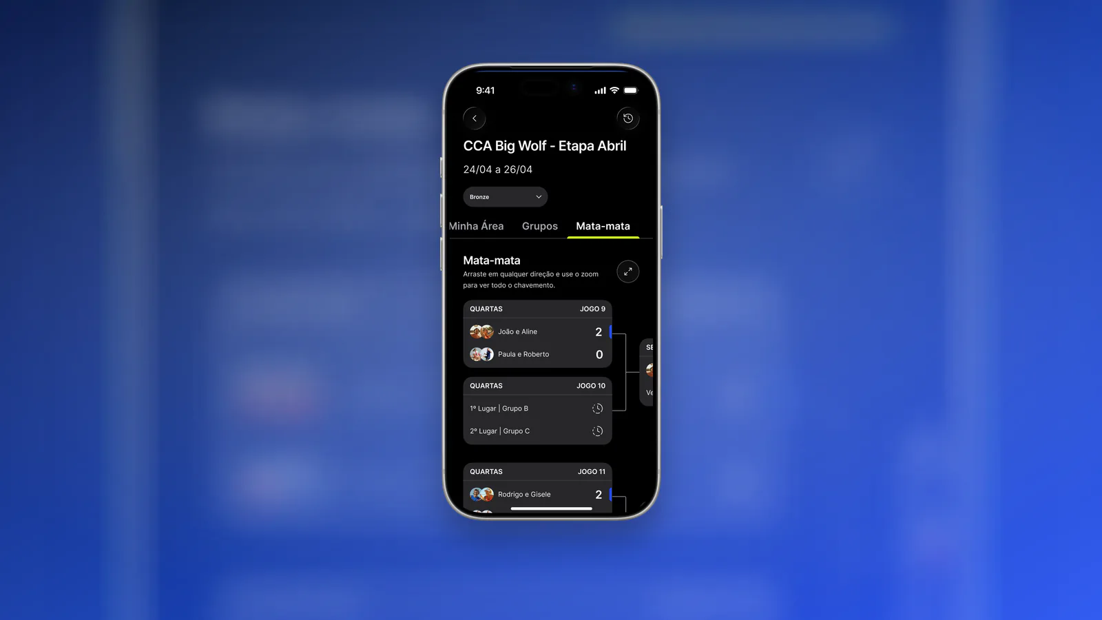 Tela do app oficial exibe o chaveamento mata-mata de uma etapa do CCA.