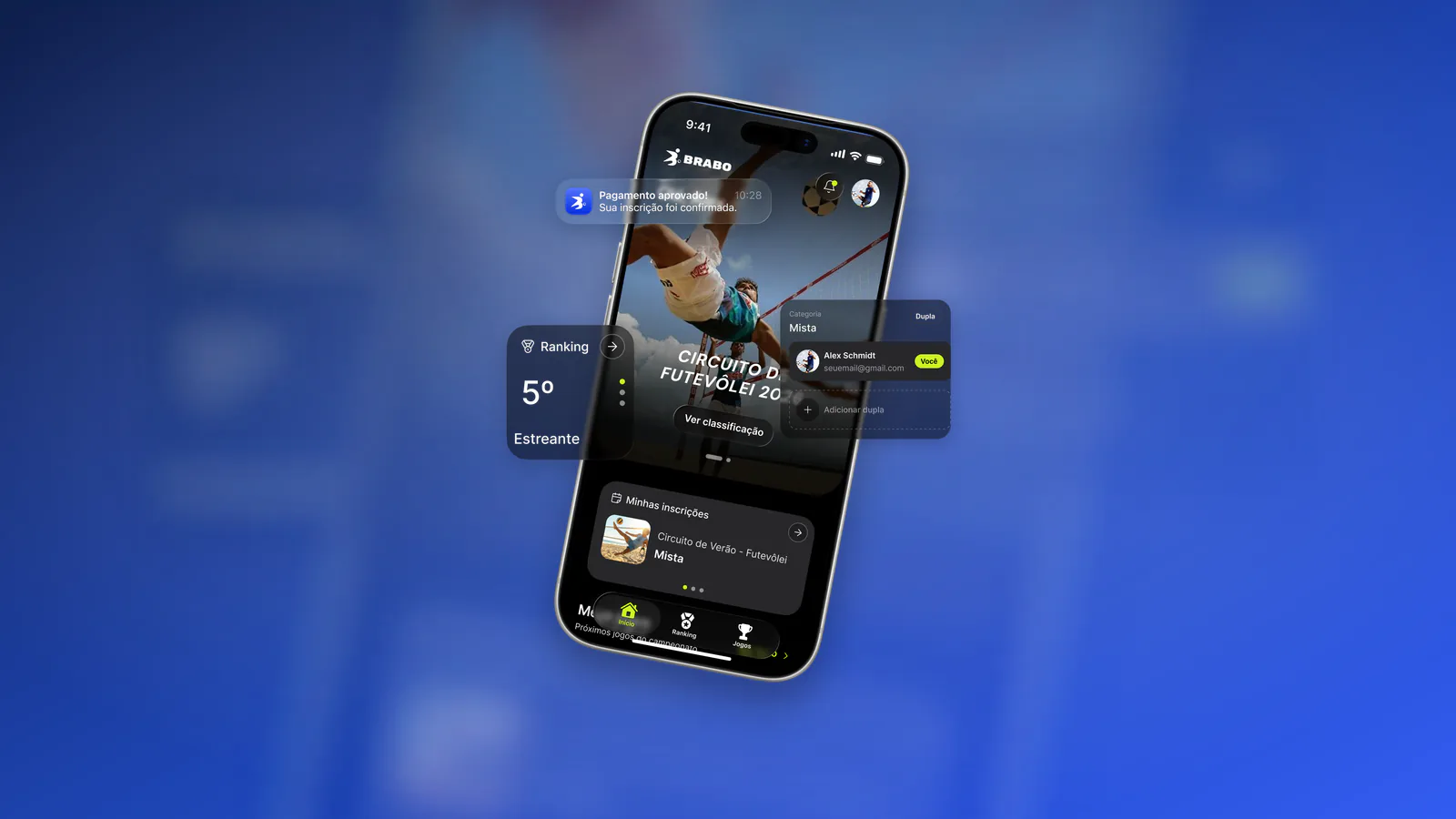 Composição do app oficial com ranking, inscrição, pagamento e jornada da comunidade.
