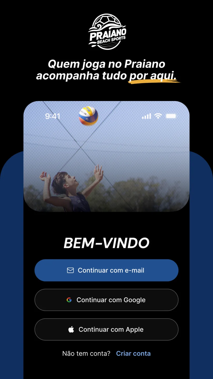 Tela de entrada do app oficial CPV - Praiano Beach Sports
