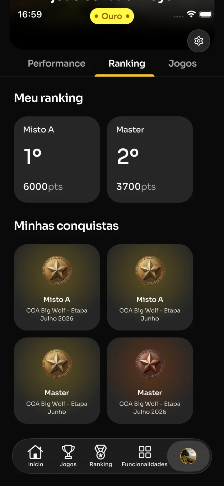 Tela real do app com ranking pessoal e conquistas do atleta