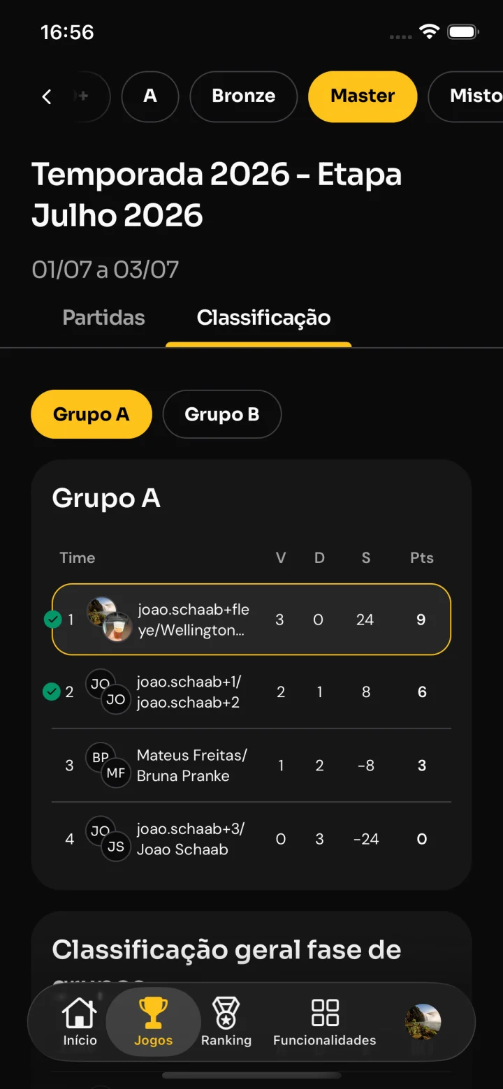 Tela real do app com classificação de duplas por grupo