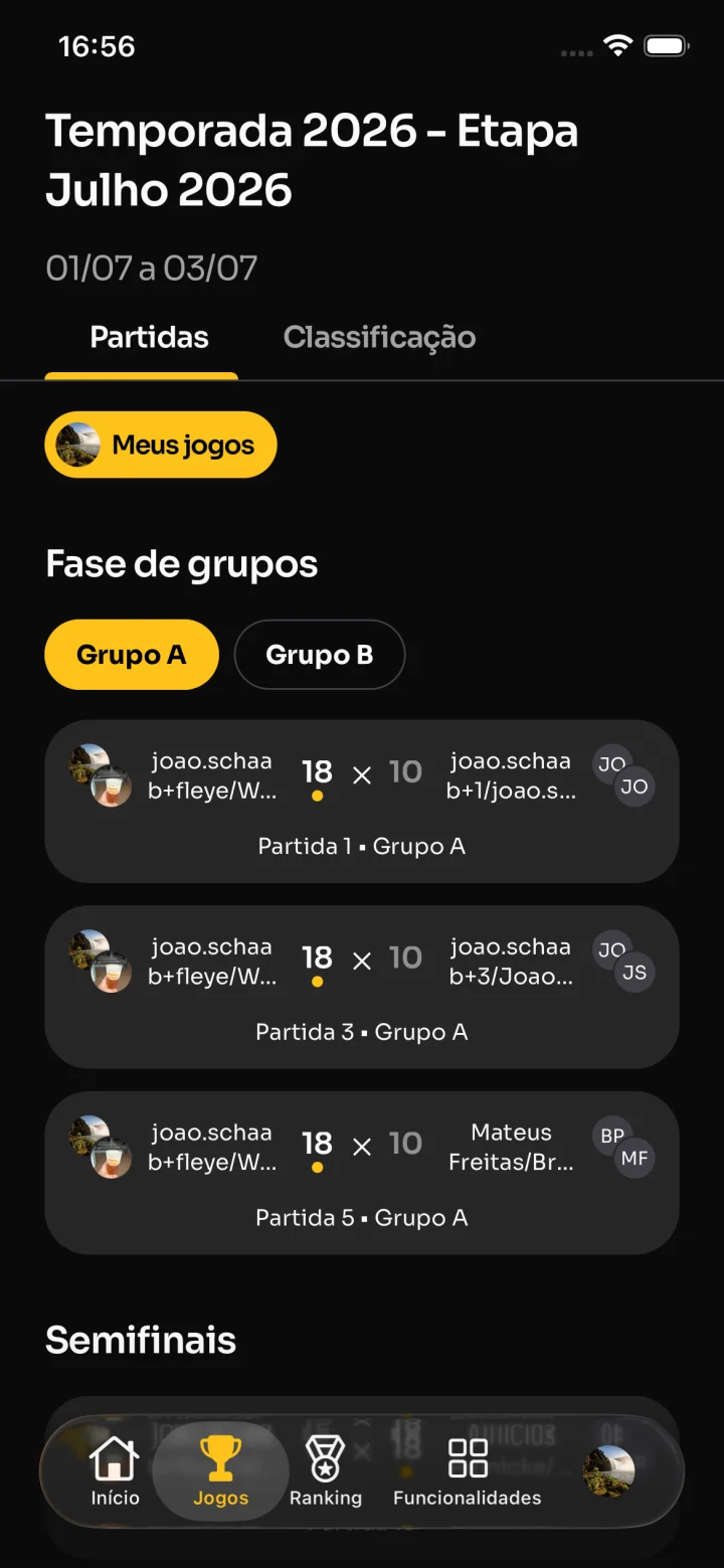 Tela real do app com partidas e placares da etapa