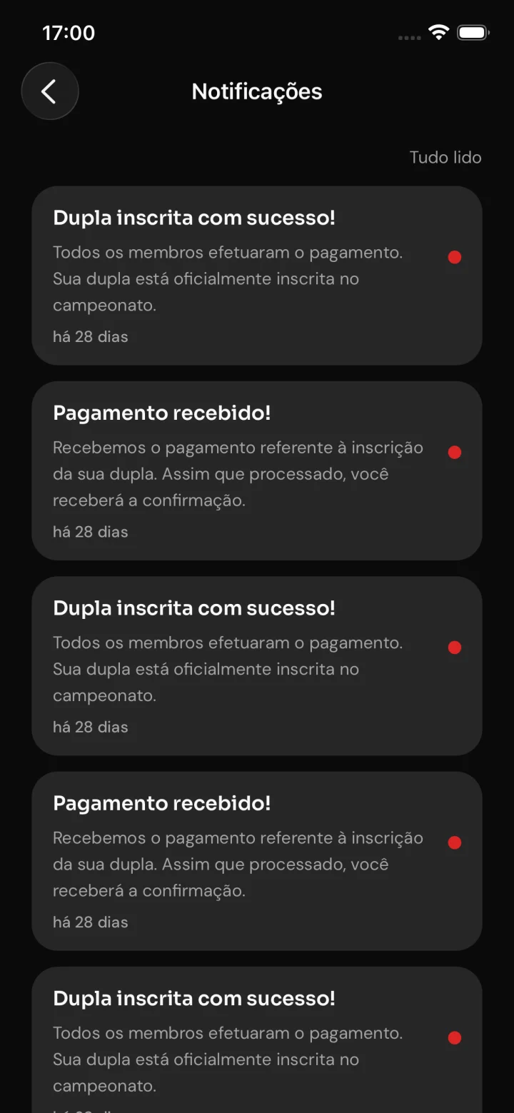 Tela real do app com central de notificações para atletas