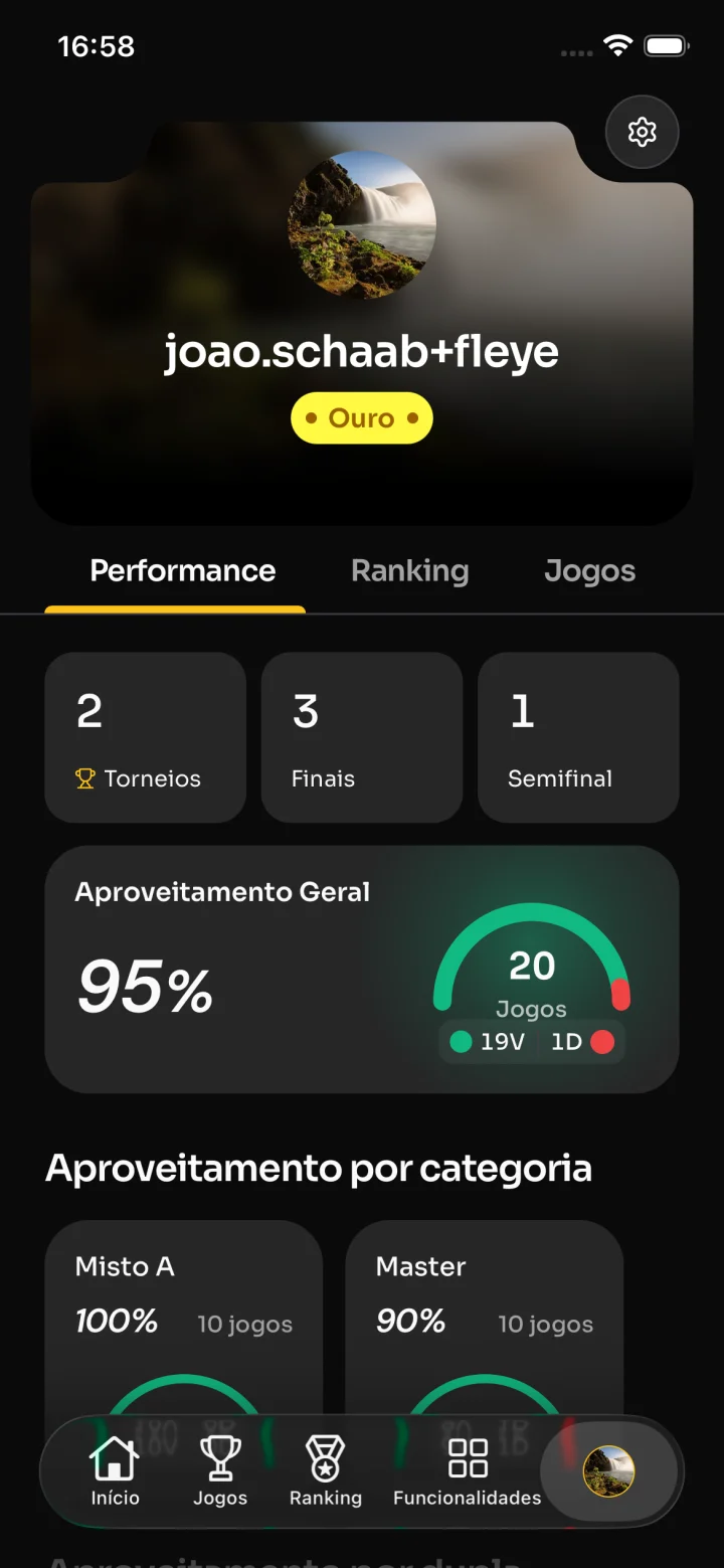 Tela real do app com analytics de performance do atleta
