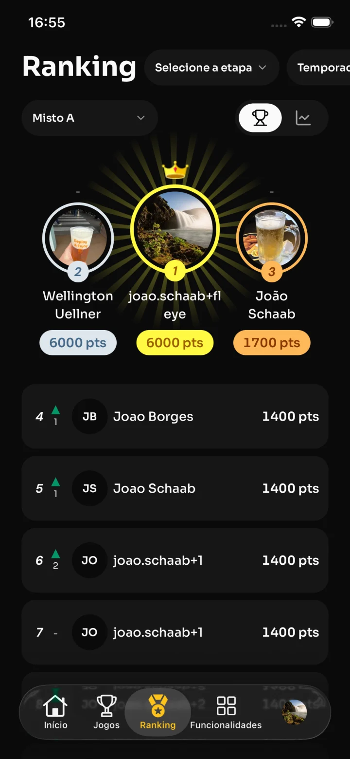 Tela real do app com pódio e classificação do ranking